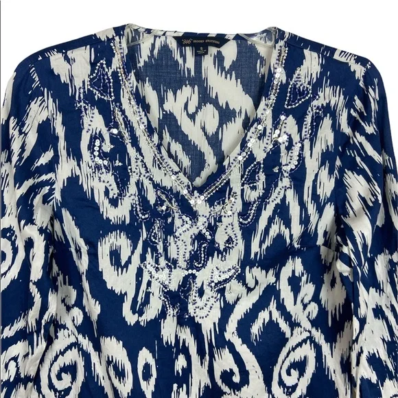 “346” Brooks Brothers Navy Blue/White Print Tunic Bead and Sequin Detail Size S - Picture 4 of 7
